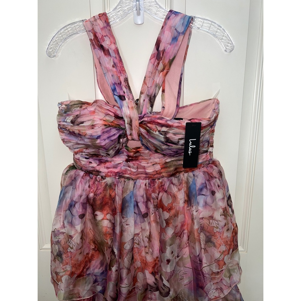 Lulus Dayanara Pink Multi Floral Fairycore Prom Tiered Maxi Dress Sz M - Picture 5 of 7